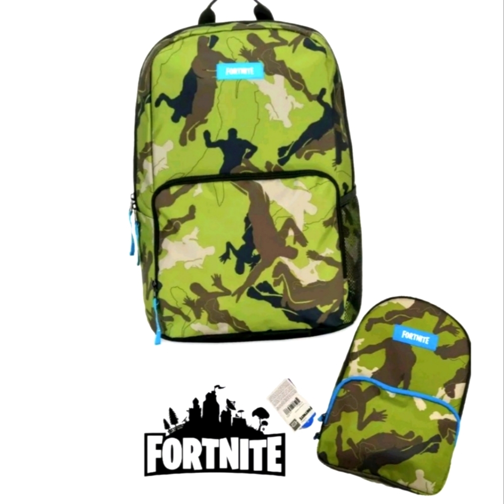 NEW FORTNITE CAMOFLAUGE BLACK GREEN BROWN LARGE BACKPACK BOOKBAG & LUNCHBOX SET
